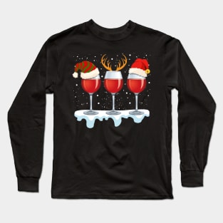 Wine glass wearing santa hat reindeer horn chirstmas  gift for wine lover Long Sleeve T-Shirt